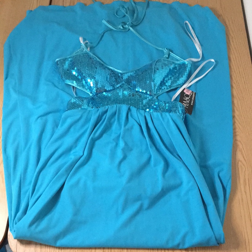 New Masquerade Formal or Prom Halter Shimmery Sequins Dress Turquoise Blue 3/4